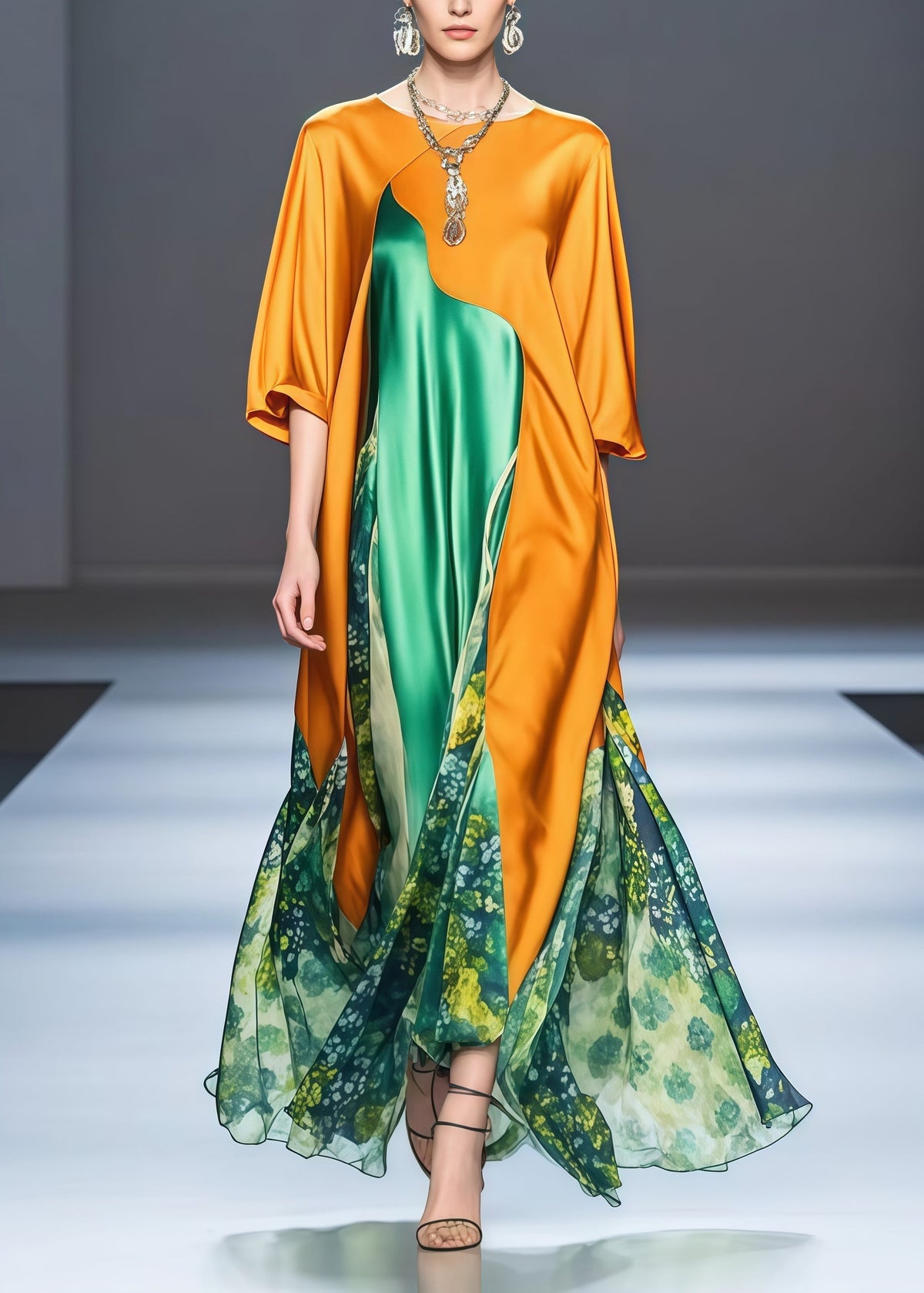 Round Neck Batwing Sleeve Floral Patchwork Satin Maxi Dress - View 5