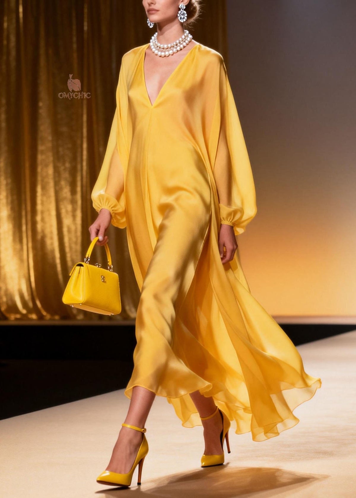Satin Deep V-Neck Lantern Sleeve Flowy Asymmetrical Hem Maxi Gown - View 3