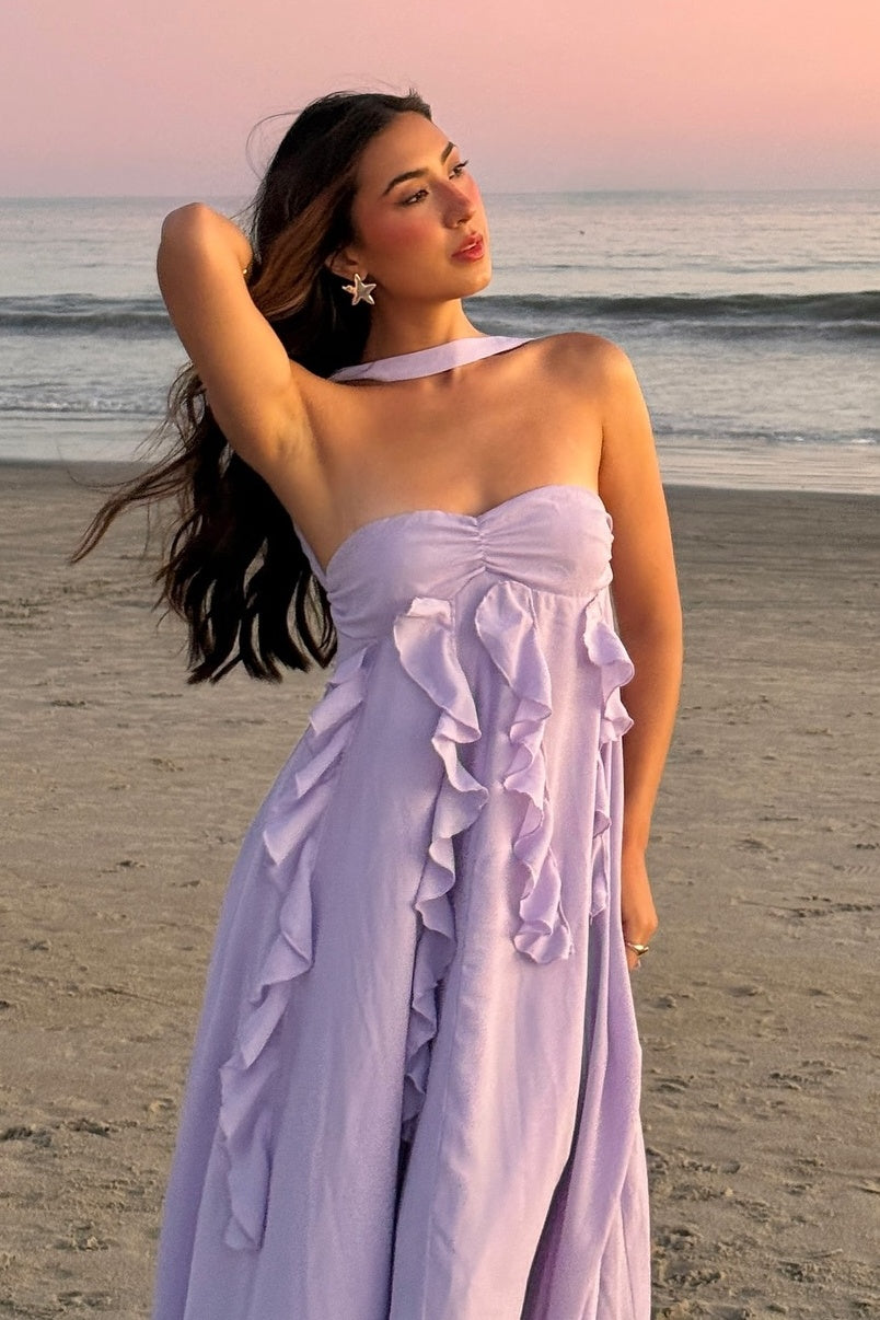 Beautiful A Line Strapless Lilac Long Prom Dress with Ruffles
