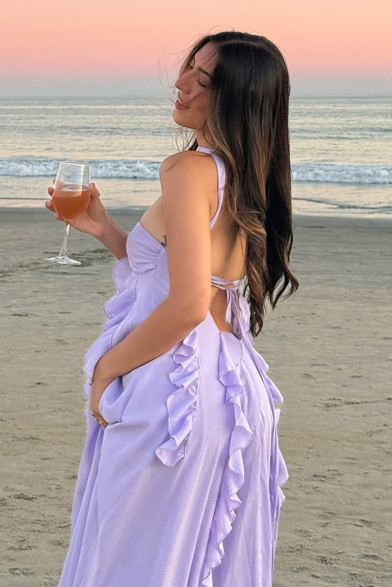 Beautiful A Line Strapless Lilac Long Prom Dress with Ruffles