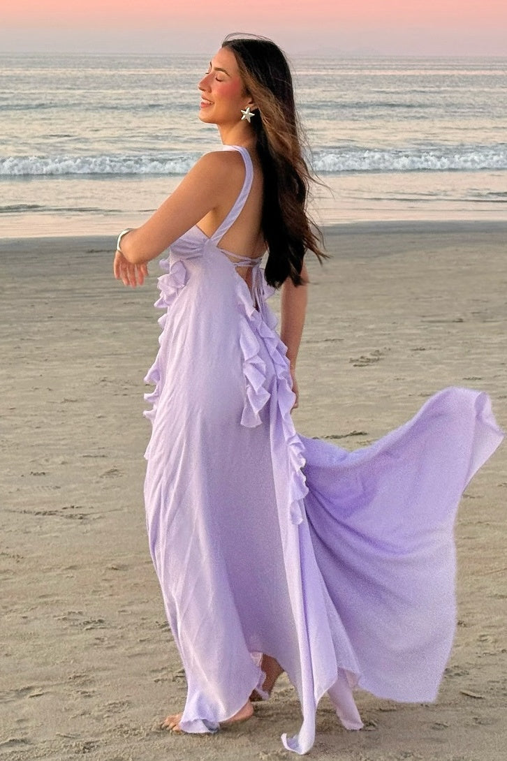 Beautiful A Line Strapless Lilac Long Prom Dress with Ruffles