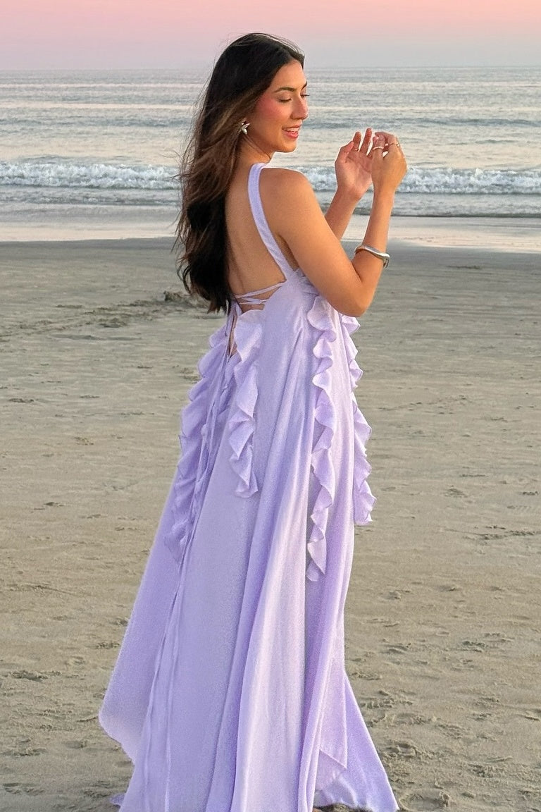 Beautiful A Line Strapless Lilac Long Prom Dress with Ruffles