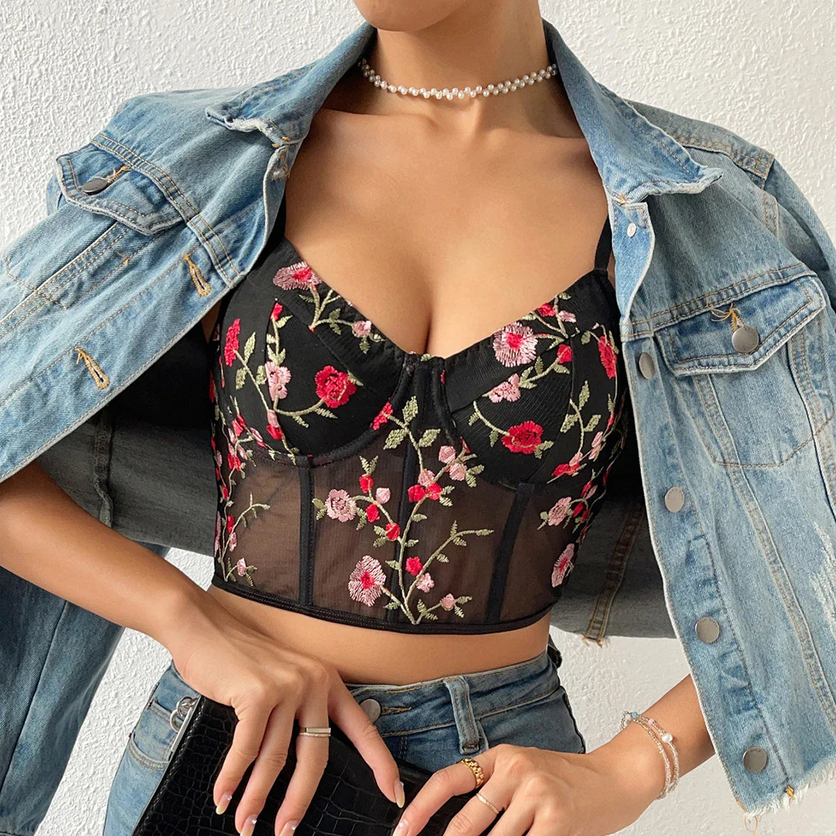 Floral Bustier Crop Top with Buckle Halter Tank