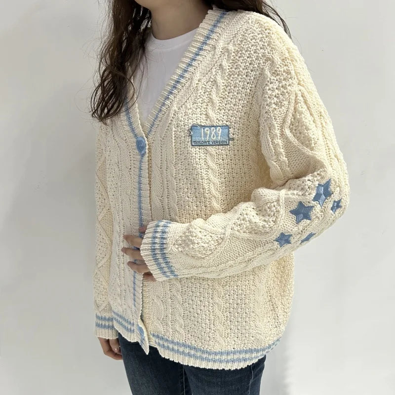 Beige Star V-neck Cardigan