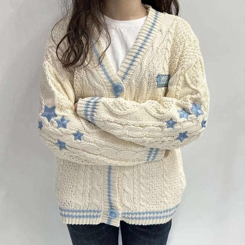 Beige Star V-neck Cardigan Blue / S