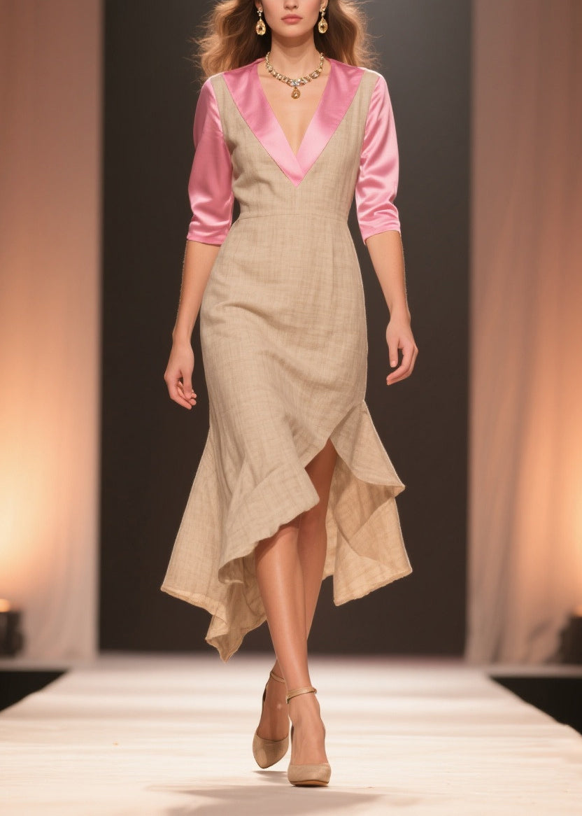 Deep V-Neck Three Quarter Sleeve Satin Trim Woven Midi Dress