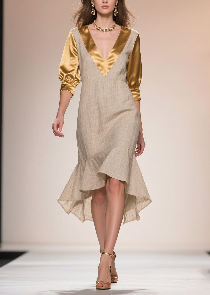 Faux Two-Piece Deep V-Neck Three Quarter Puff Sleeve Midi Dress