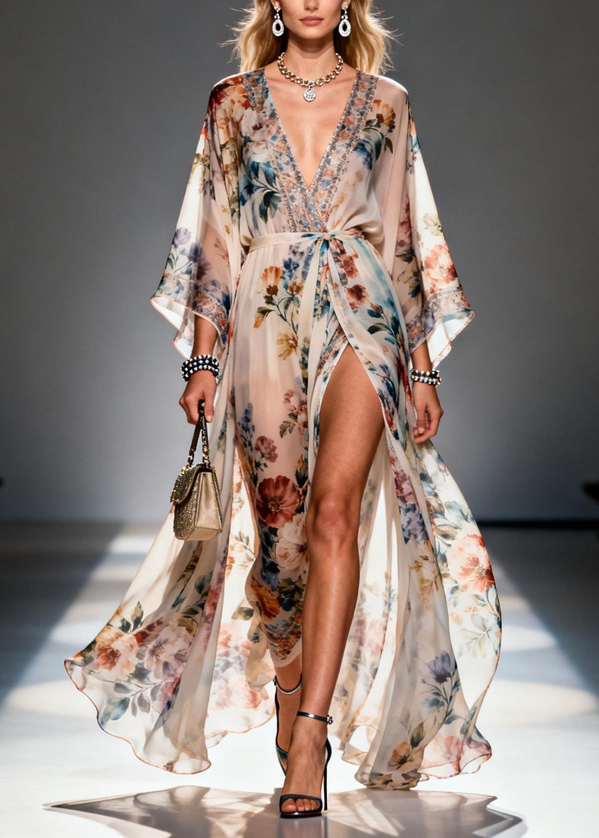 Beige Print Chiffon Maxi Dresses Exra Large Hem Side Open Summer