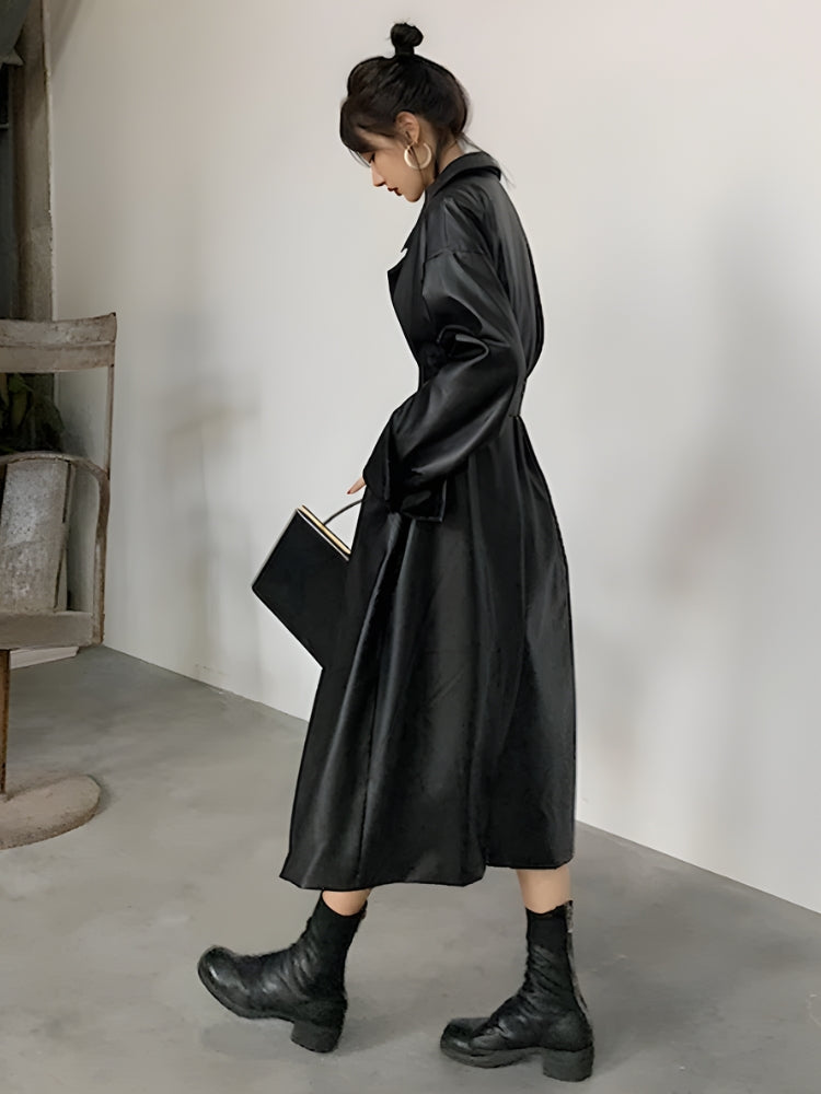 Belted Faux Leather Coat - Fashionpara