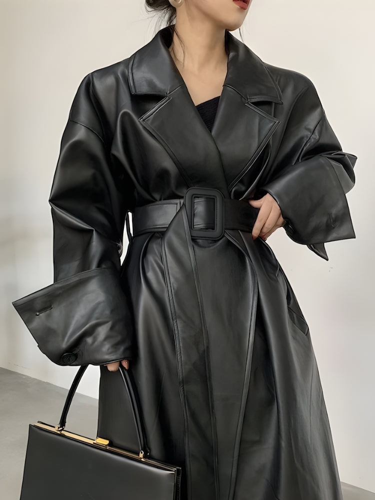 Belted Faux Leather Coat - Fashionpara