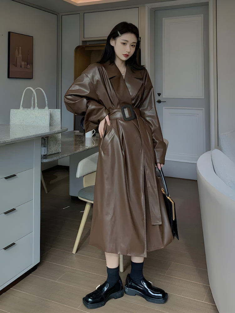 Belted Faux Leather Coat - Fashionpara