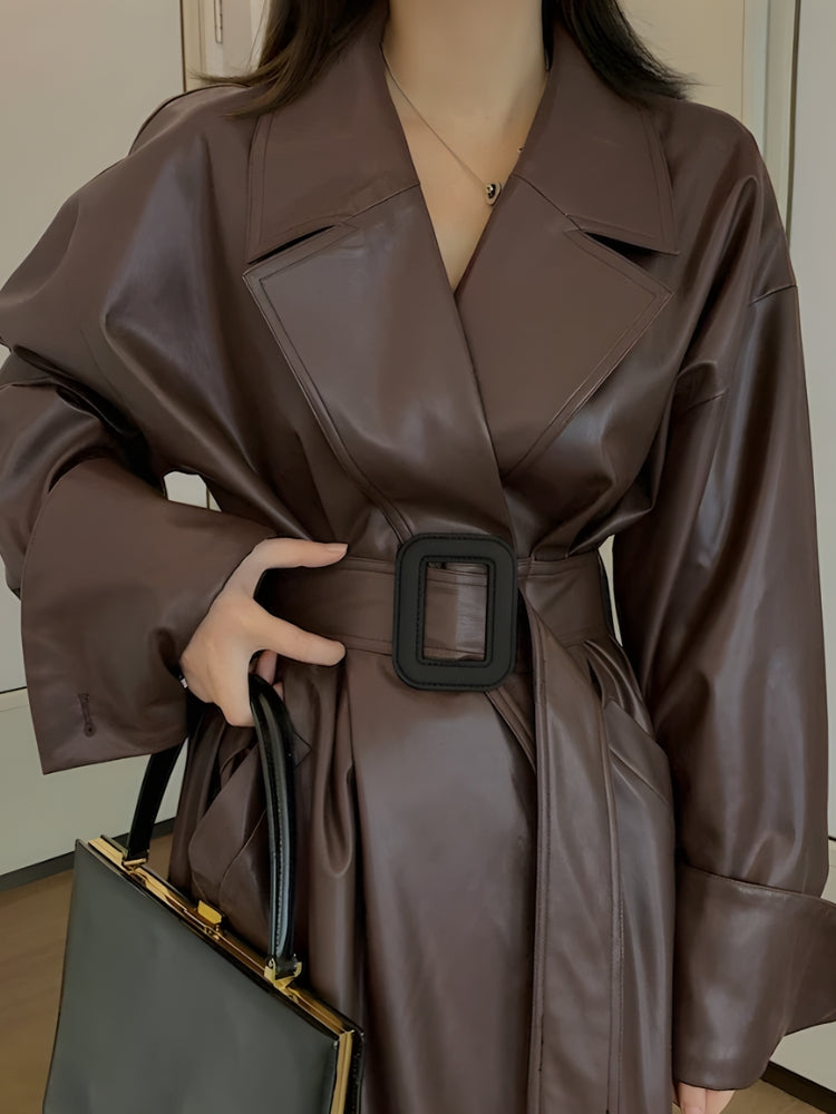 Belted Faux Leather Coat - Fashionpara