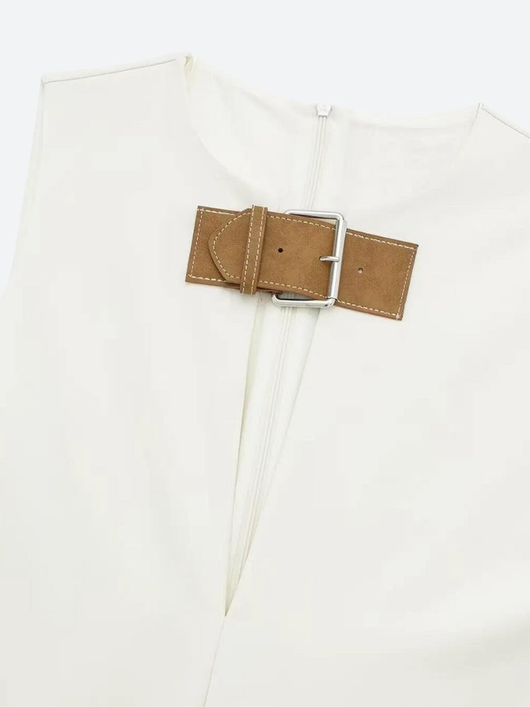 Belted Plunge Neck Mini Dress - Fashionpara