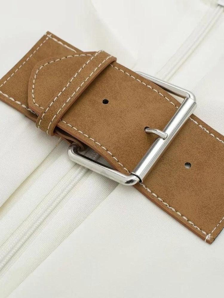 Belted Plunge Neck Mini Dress - Fashionpara