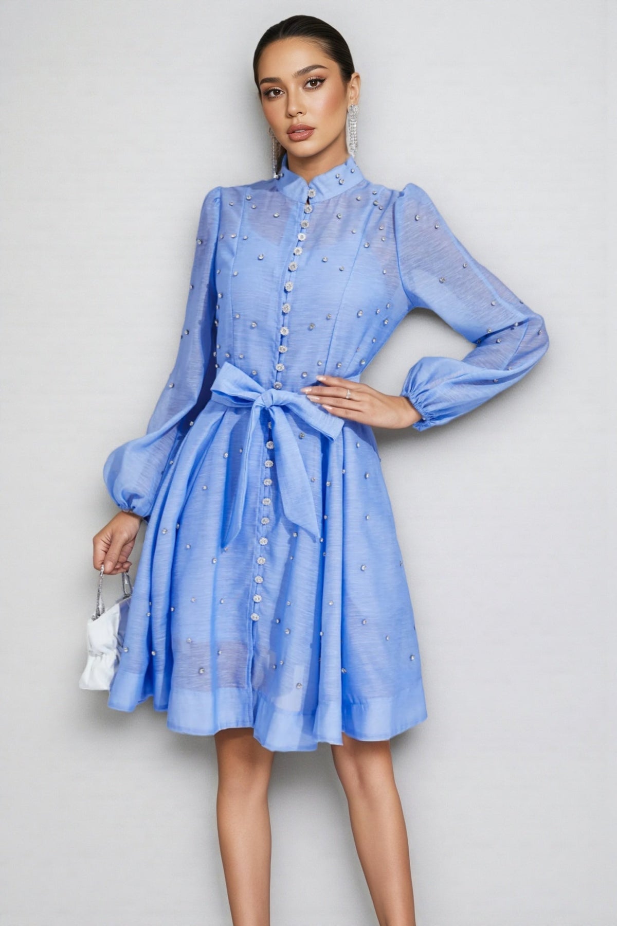 Pearl Embellished Puff Sleeve Mock Neck Tie A-Line Mini Dress - View 5