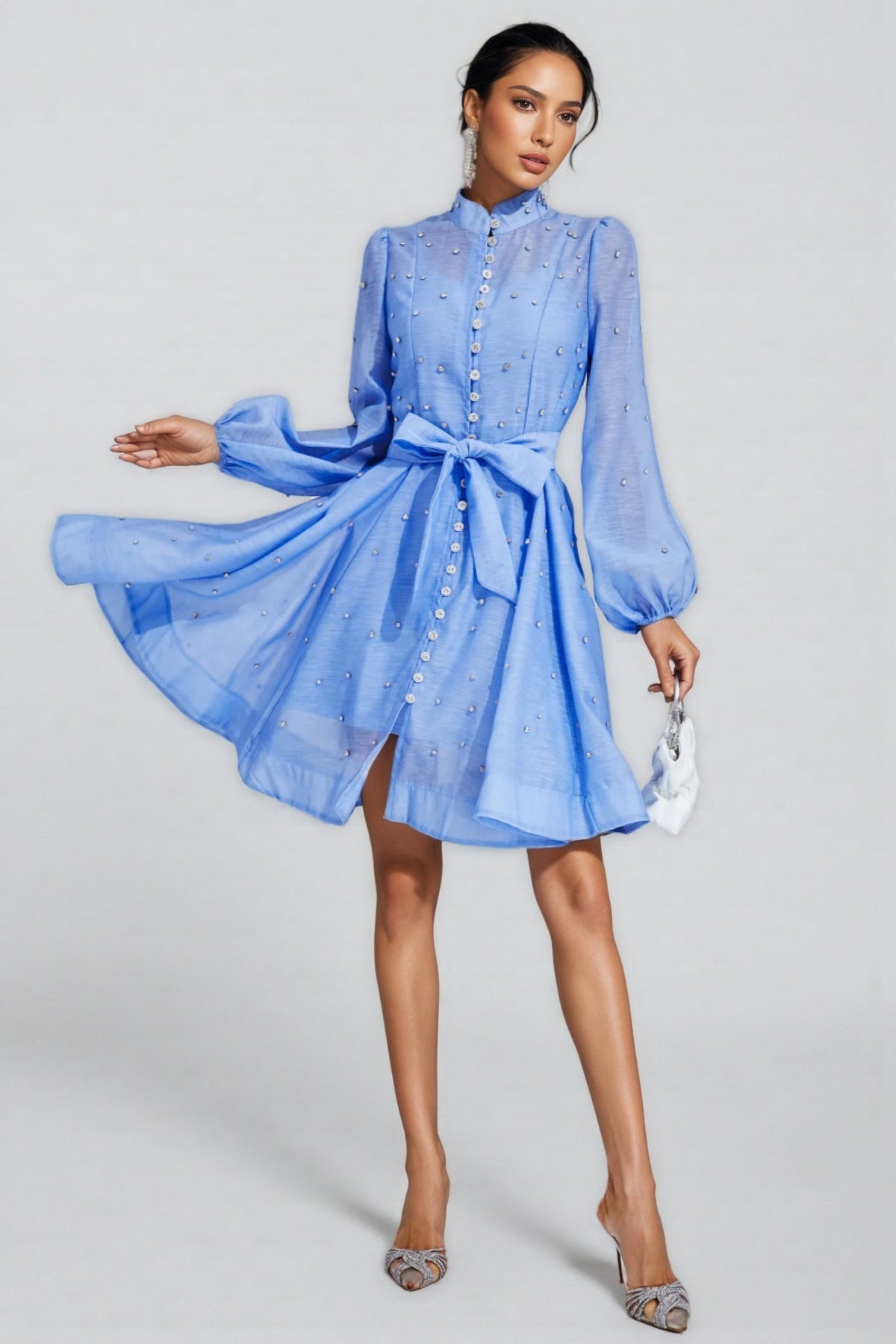 Pearl Embellished Puff Sleeve Mock Neck Tie A-Line Mini Dress - View 2