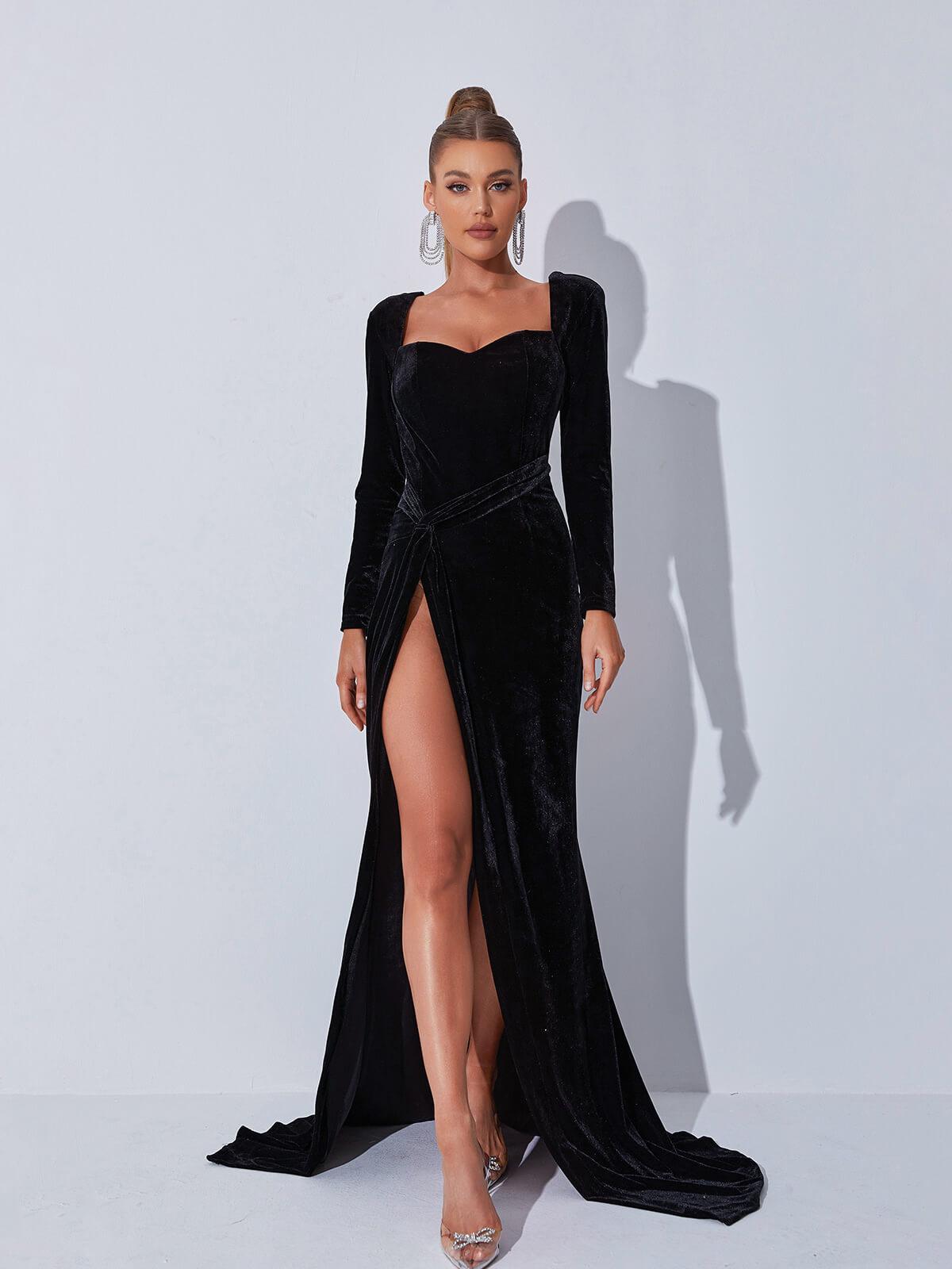 Velvet Sweetheart Long-Sleeve High-Slit Maxi Gown