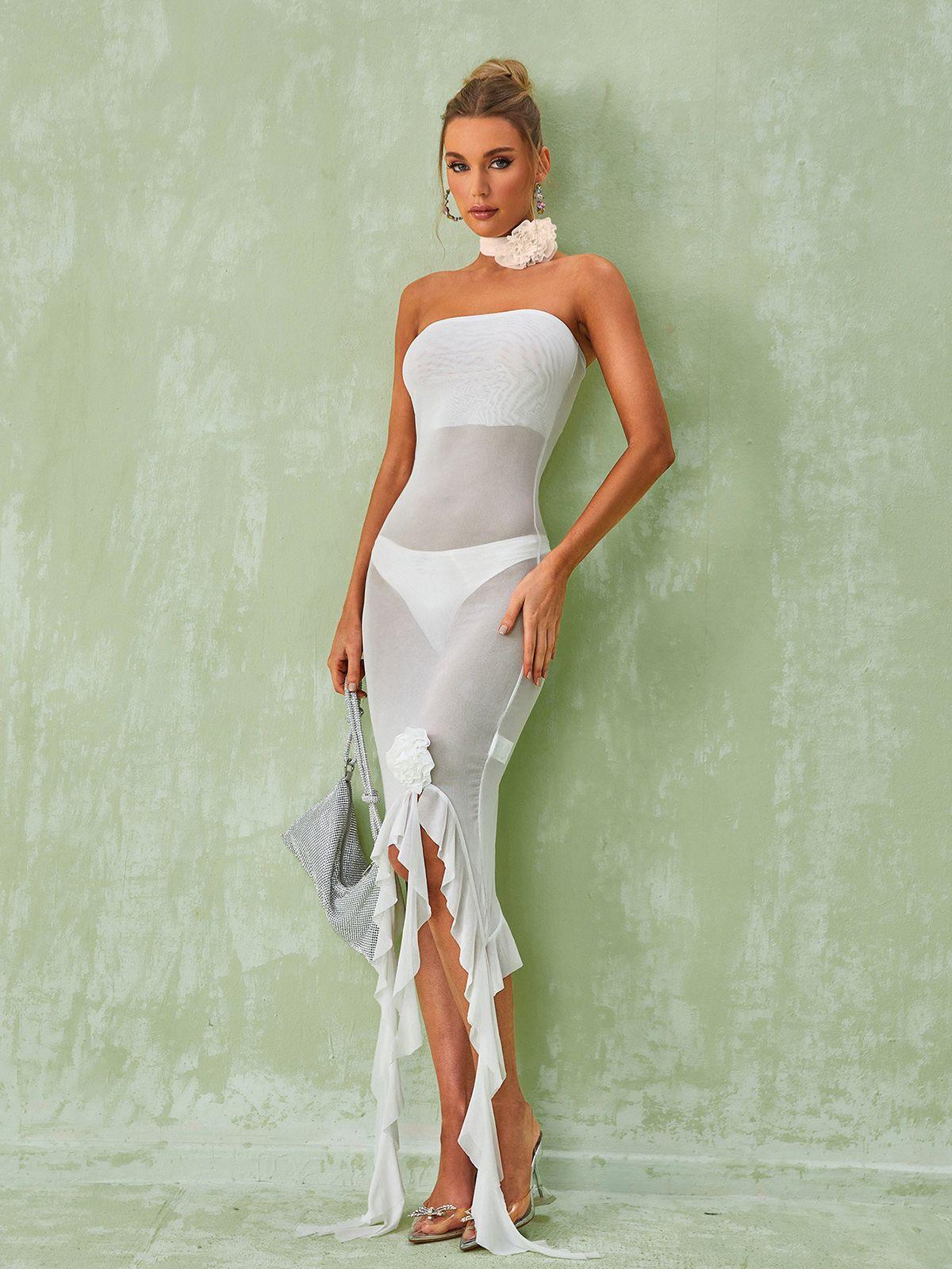 Floral Applique Ruffle Strapless Sheer Mesh Maxi Dress