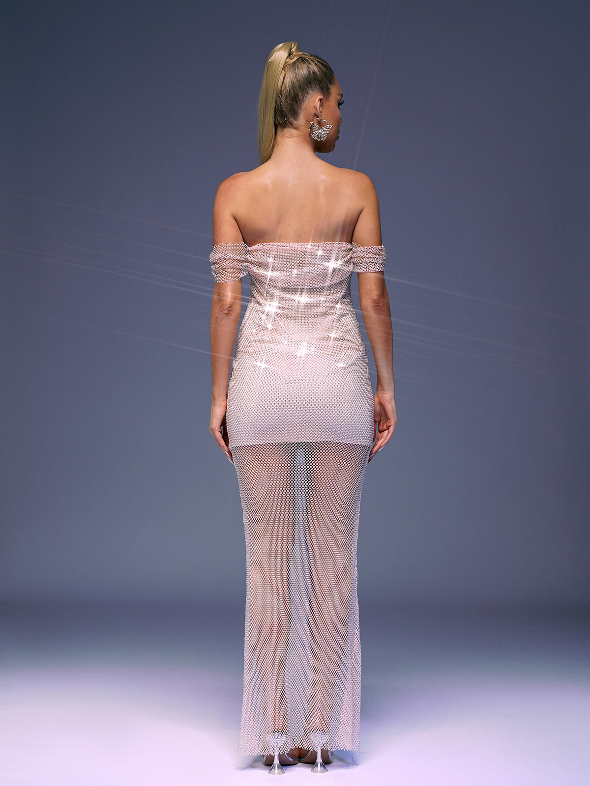 Bexley Off Shoulder Mesh Rhinestone Maxi Dress