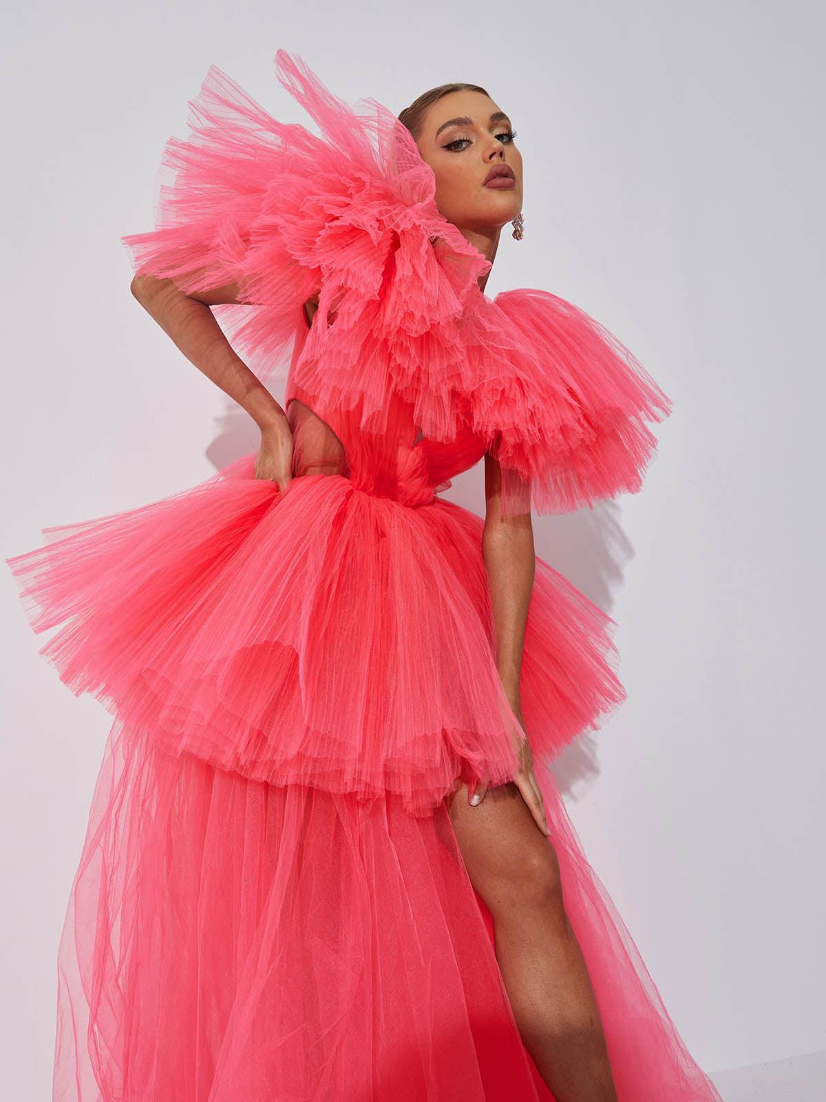 Tulle Deep V-Neck Cut Out Waist Ruffle Sleeve Tiered Maxi Gown - View 4