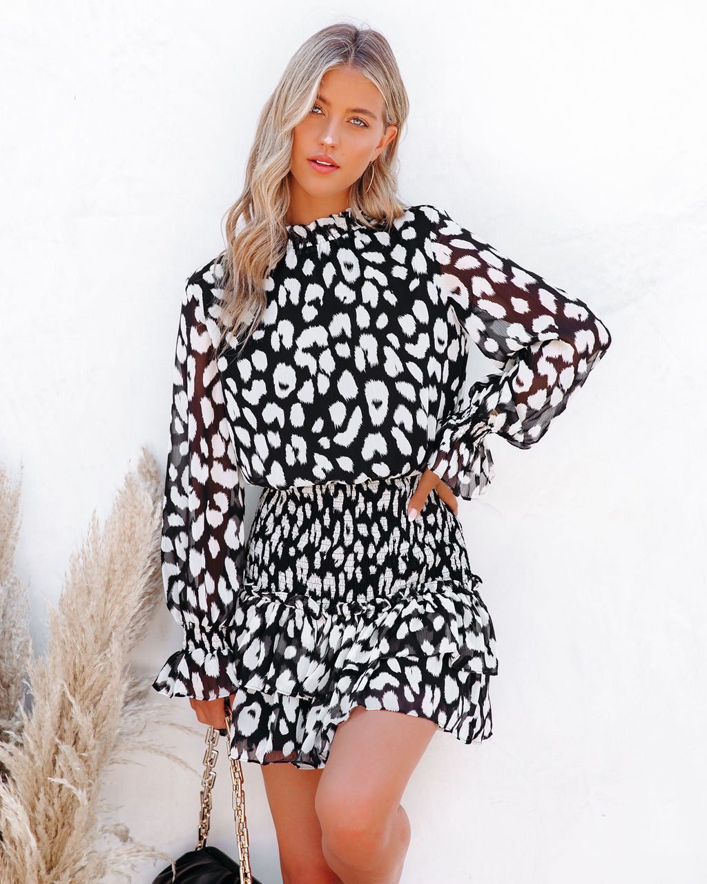 Animal Print High Neck Long Sleeve Tiered Mini Dress