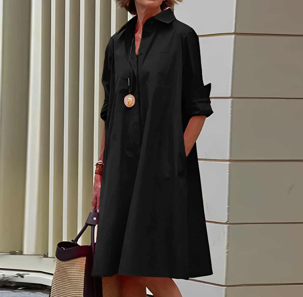 Collar Button Front Long Sleeve Pocket Shirt Midi Dress - View 2