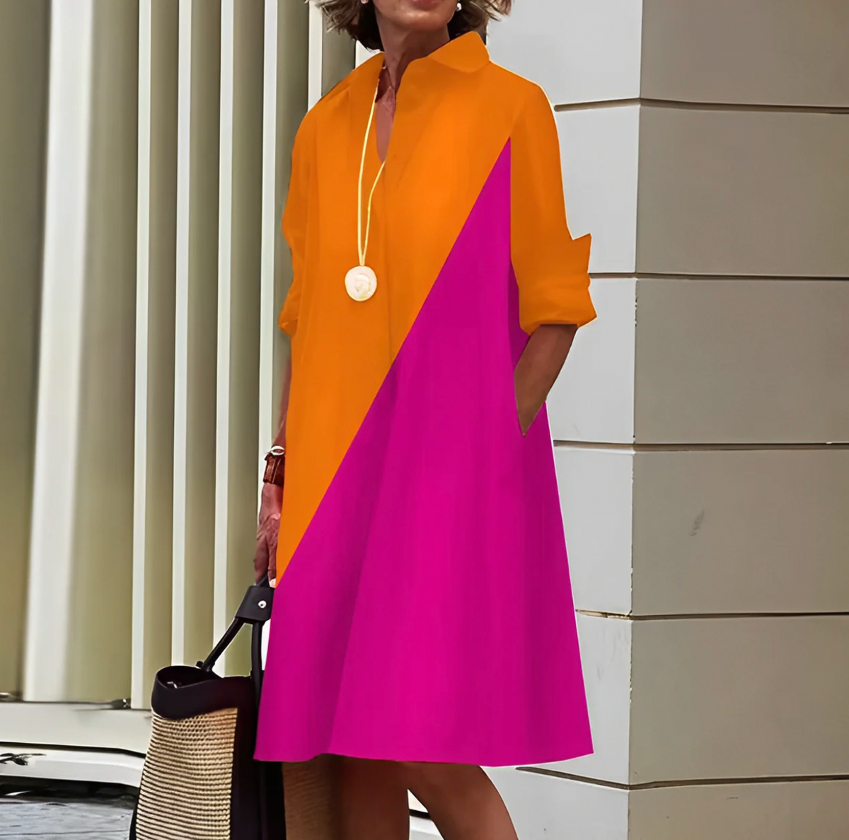 Collar Button Front Long Sleeve Pocket Shirt Midi Dress - View 4