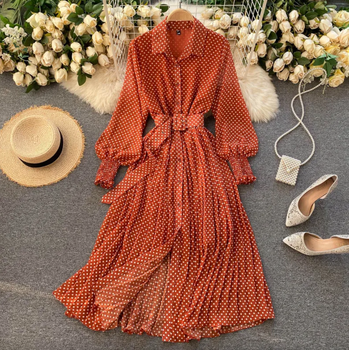 Polka Dot Long Sleeve Collared Button Down Midi Shirt Dress