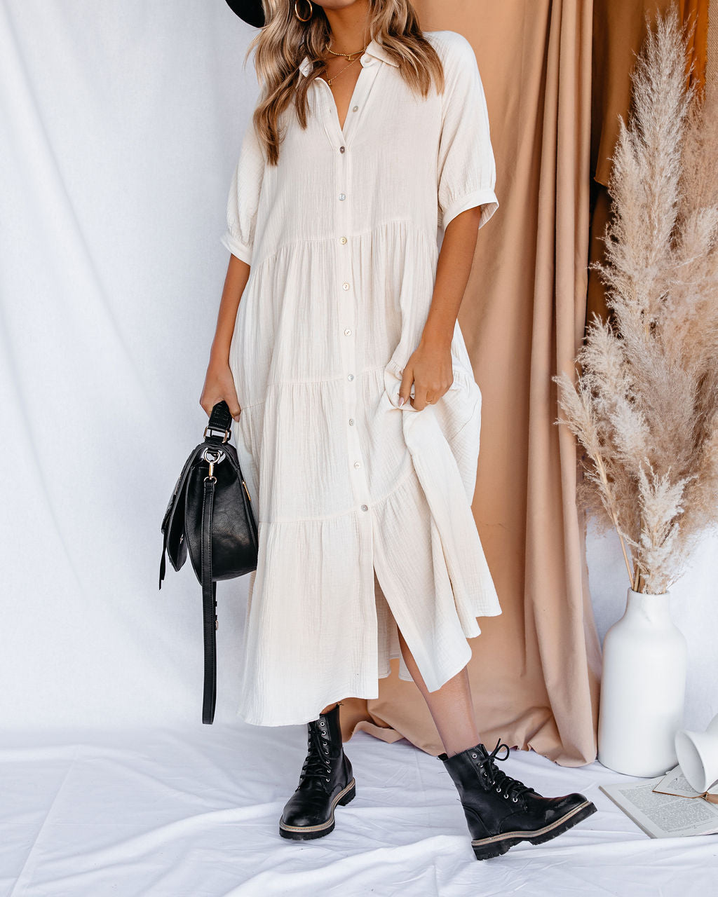 Collared Button Front Tiered Maxi Dress
