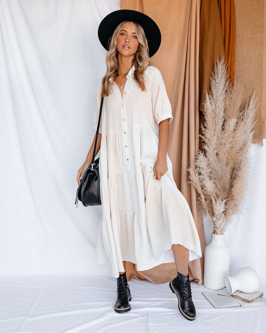 Collared Button Front Tiered Maxi Dress