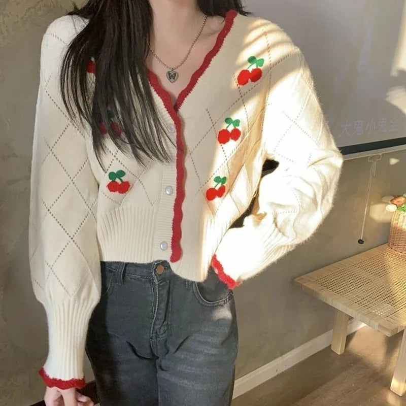 Sweet Cherry Button-Up Patchwork Knit Cardigan