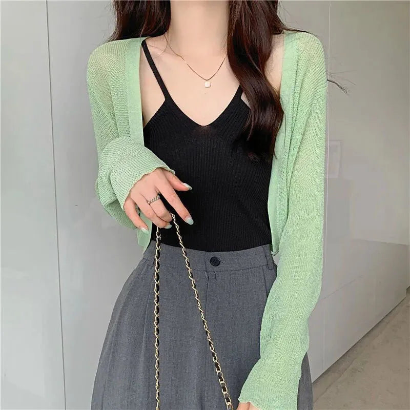 Thin Long Sleeve Sunscreen Cropped Solid Knit Cardigan Green / One Size 35-60kg cardiagn-250126