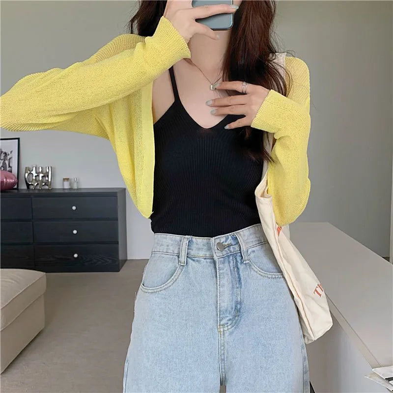 Thin Long Sleeve Sunscreen Cropped Solid Knit Cardigan Yellow / One Size 35-60kg cardiagn-250126