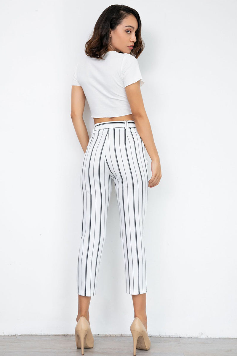 Black And White Striped Empire Belted Pants