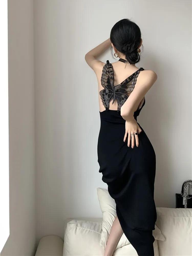 Butterfly Appliqué Open-Back Mermaid Midi Dress 5