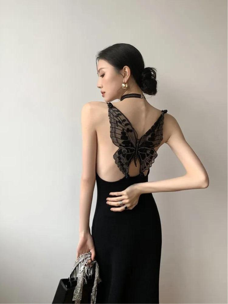 Butterfly Appliqué Open-Back Mermaid Midi Dress