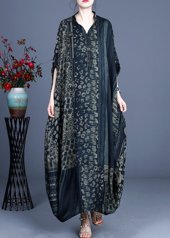 Patchwork Leopard Floral Mandarin Collar Batwing Sleeve Maxi Dress