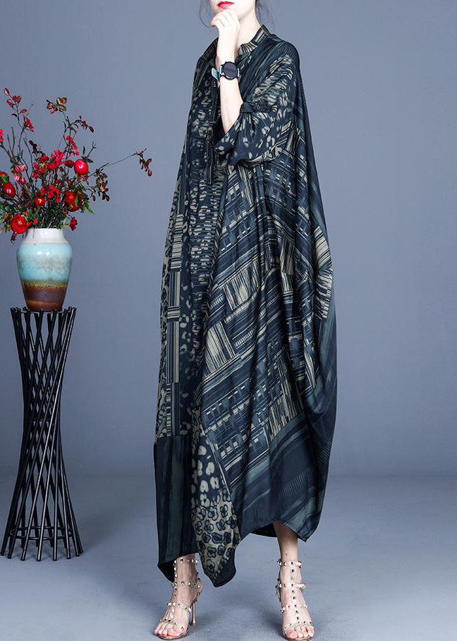 Patchwork Leopard Floral Mandarin Collar Batwing Sleeve Maxi Dress - View 2