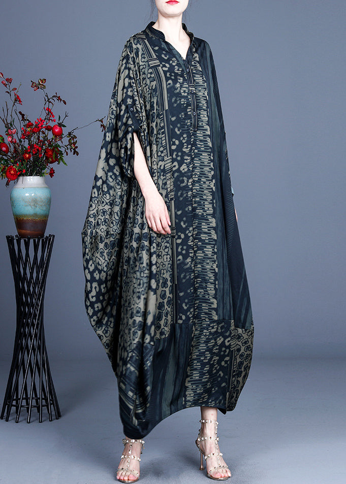 Patchwork Leopard Floral Mandarin Collar Batwing Sleeve Maxi Dress - View 3