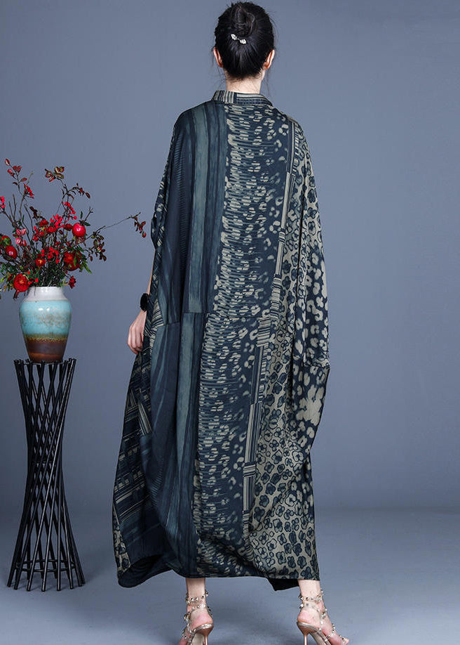 Patchwork Leopard Floral Mandarin Collar Batwing Sleeve Maxi Dress - View 4