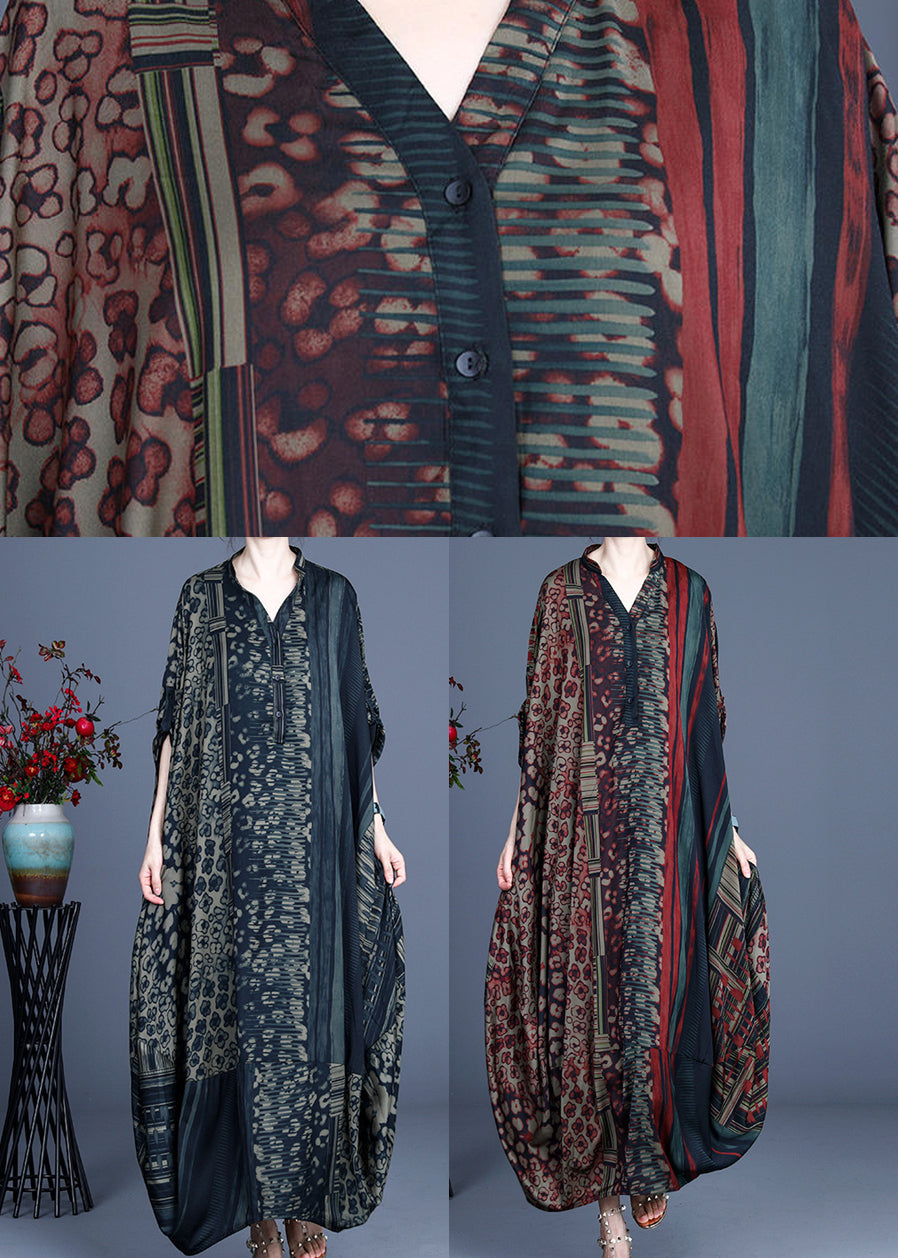 Patchwork Leopard Floral Mandarin Collar Batwing Sleeve Maxi Dress - View 5