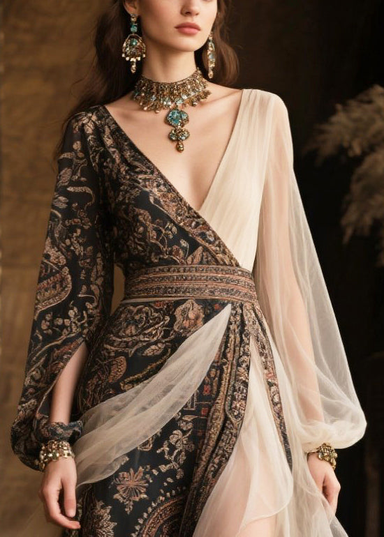Paisley Print Wrap Deep V-Neck Sheer Lantern Sleeve Maxi Gown - View 2
