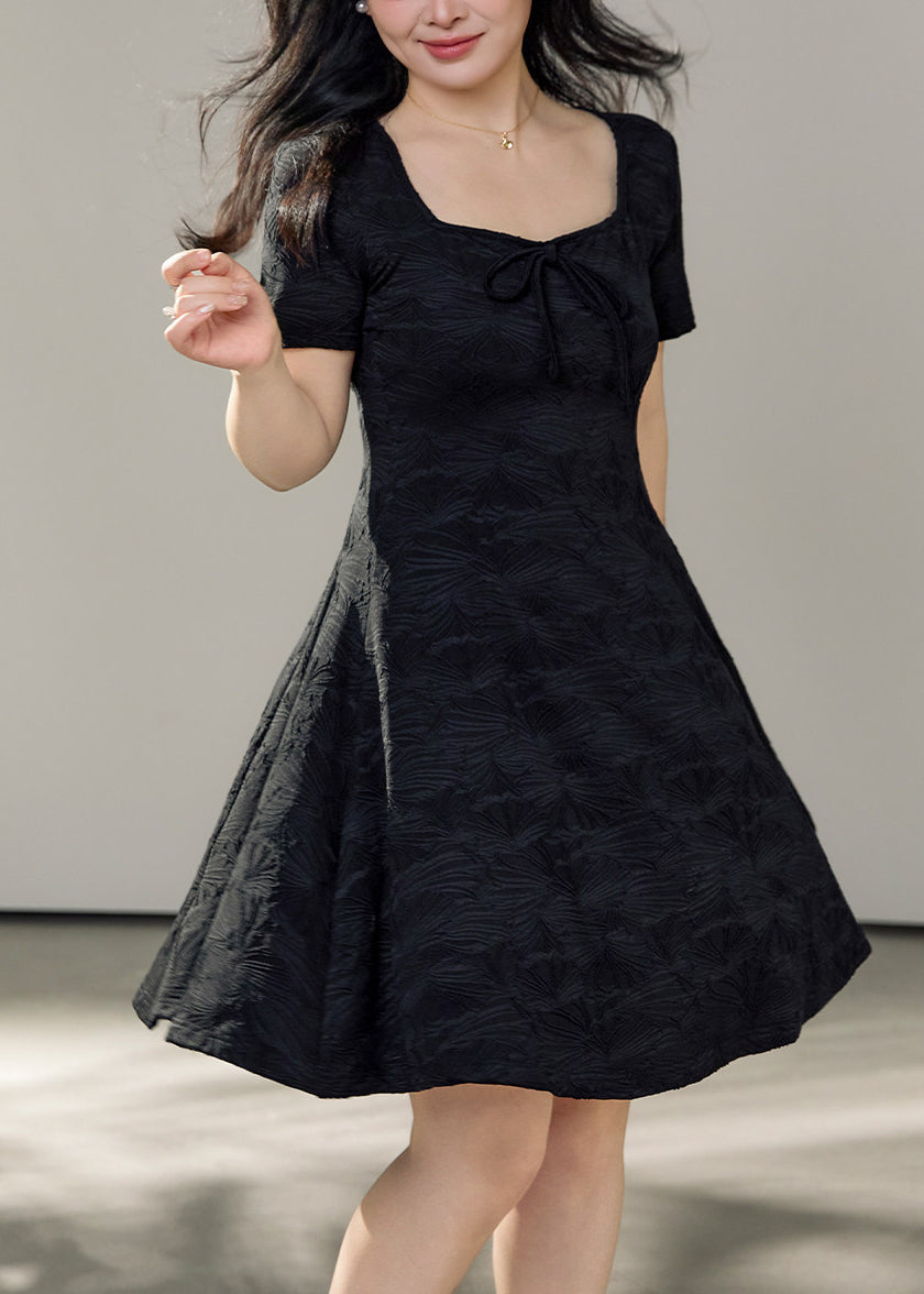 Jacquard Square Neck Tie Front Short Sleeve Fit and Flare Mini Dress