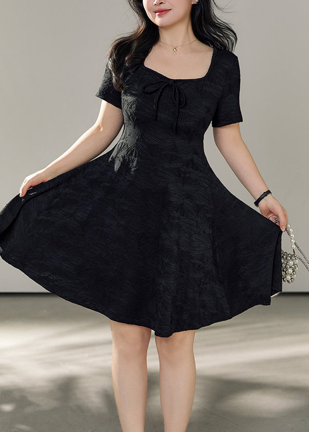 Jacquard Square Neck Tie Front Short Sleeve Fit and Flare Mini Dress - View 4