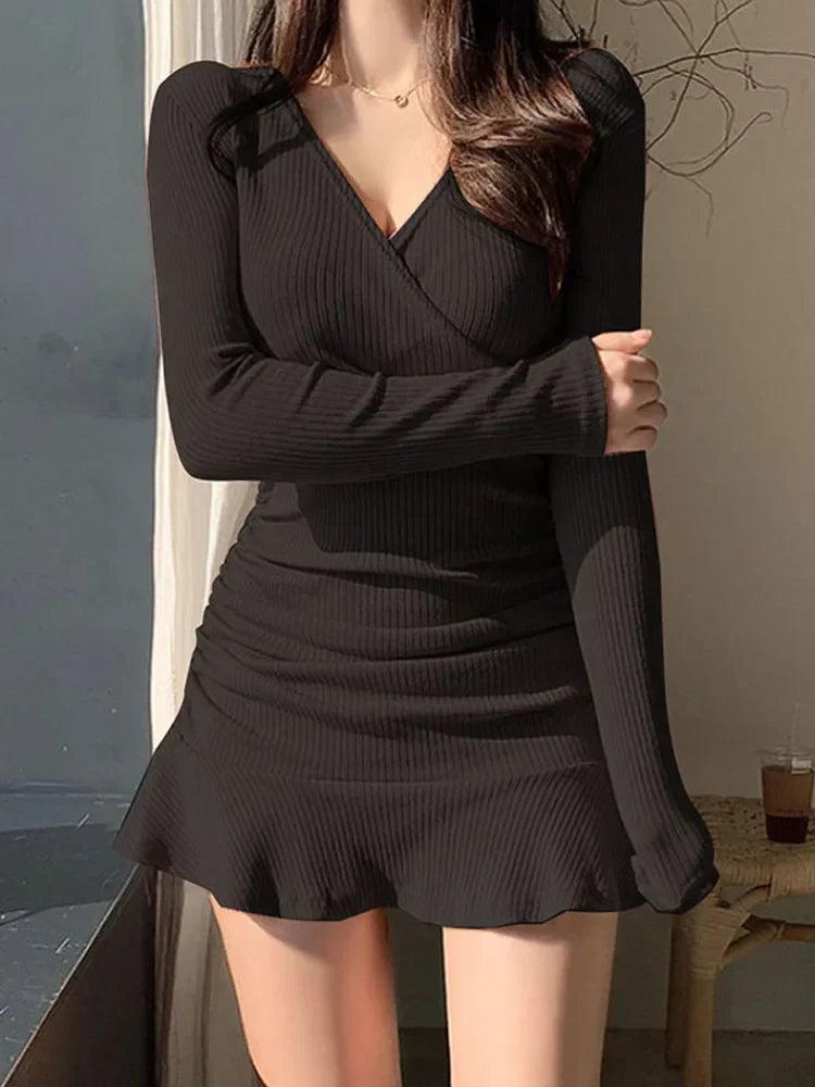 Ribbed Knit V-Neck Long-Sleeve Ruched Bodycon Mini Dress 2