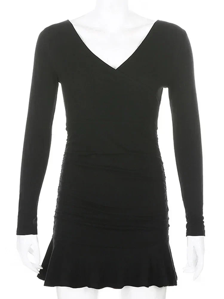 Ribbed Knit V-Neck Long Sleeve Ruched Ruffle Hem Mini Dress 6