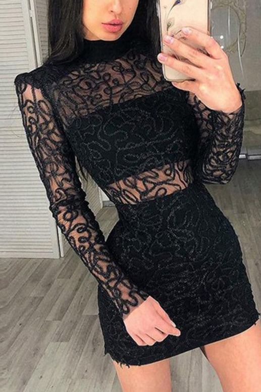 Black Lace Turtleneck See Through Bodycon Dress - Mislish