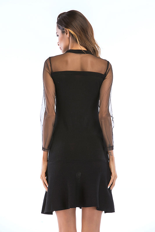 Black Mesh Sleeve Ruffle Hem Beading Dress