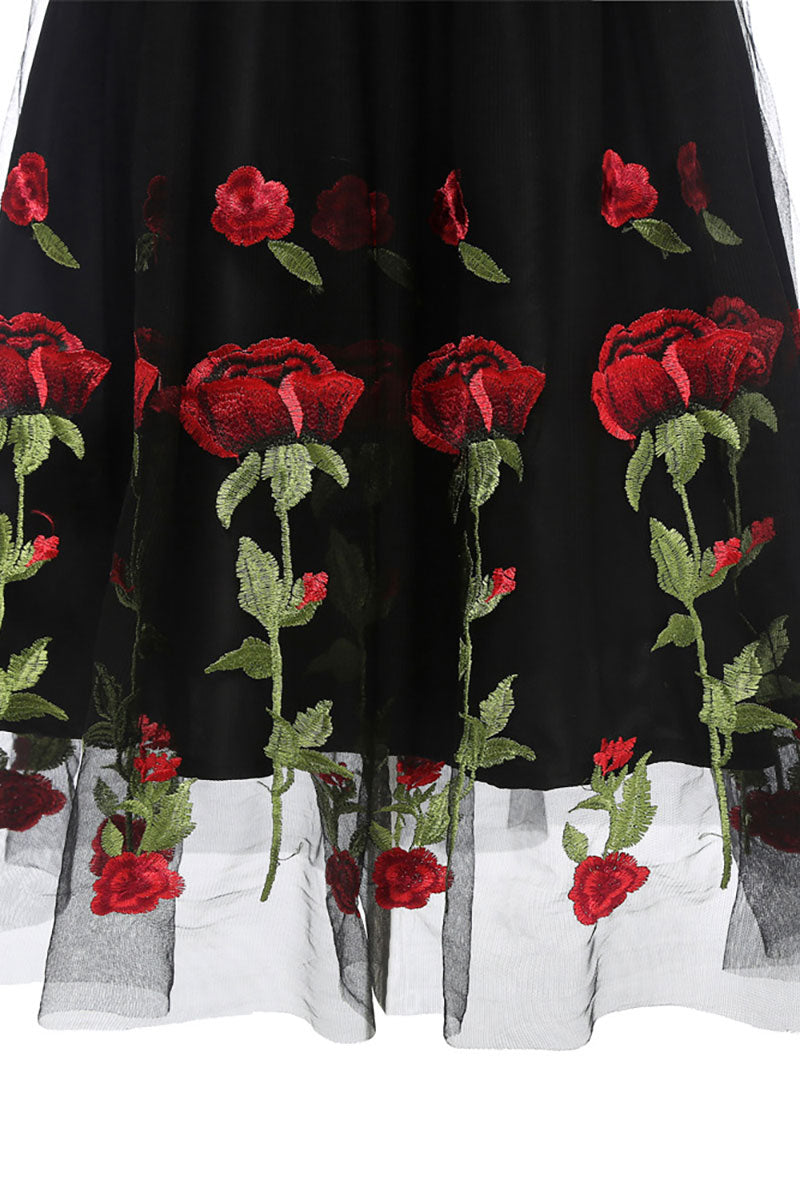 Rose Embroidered Off-Shoulder Tulle A-Line Dress