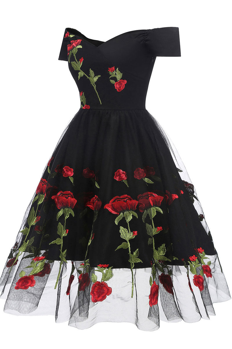 Rose Embroidered Off-Shoulder Tulle A-Line Dress